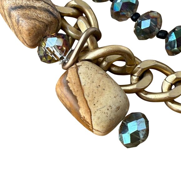 Brown Gemstones Beads Layered Multi-Strand Bib Choker Necklace Gold Tone - Picture 3 of 7